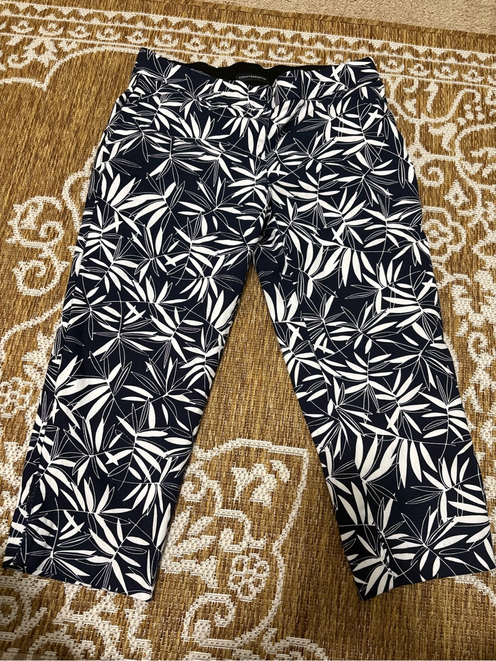 Counterparts pull on elastic waist black white palm leaves tropical pants 10